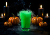Halloween Green Cocktail with Pumpkins – Minuman Koktail Hijau Halloween dengan Labu dan lilin