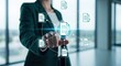 © Stocks Buddy - A businesswoman taps on a glowing central document surrounded by six digital icons, document review, quality control process, quality assurance