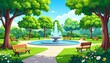 © jadid - Beautiful city park landscape on a sunny summer day with a central water fountain, green trees, and empty benches
