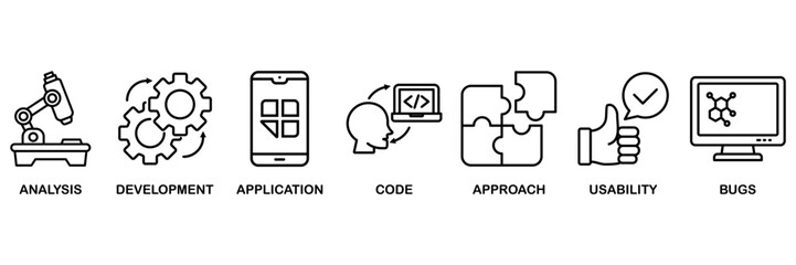 Software testing icon set vector illustration concept for analysis, development, application, code, approach, usability, and bugs