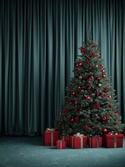 Wall Mural - a new years christmas tree hung with red decorations with gift boxes on the carpet stands against the backdrop of an emerald curtain