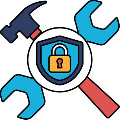 Canvas Print - A hammer and a wrench are shown with a blue shield with a keyhole in the middle