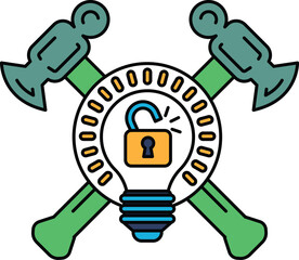 Wall Mural - A lock and hammer symbol with a light bulb in the middle