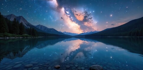 Wall Mural - Crystal clear lake mirrors the majestic Milky Way galaxy , reflection, nature