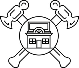 Canvas Print - A black and white drawing of a hammer and a building