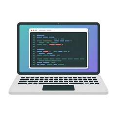 Laptop displaying colorful code on a white background