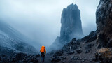 Climber nears Lava Tower, shrouded in morning mist and rock shadows