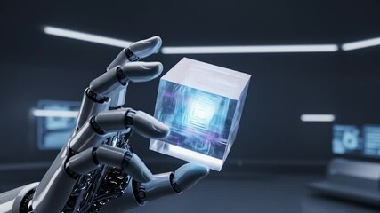 Robotic hand holding glowing cube in a futuristic, sterile environment