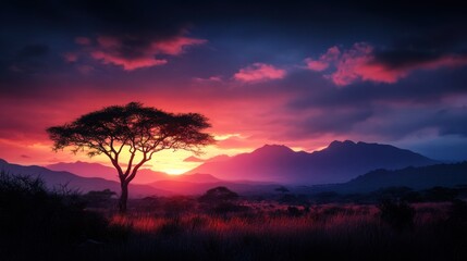 Wall Mural - realistic african safary landscape at sunset 