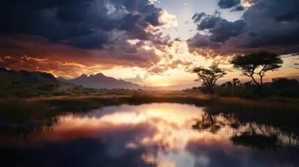 Wall Mural - realistic african safary landscape at sunset 