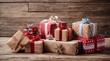 Wall Mural - christmas presents laid on a wooden table background no logos no brands ar 169
