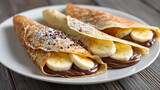 Gourmet Chocolate Banana Crepes with Sprinkles and Powdered Sugar on a Rustic Table