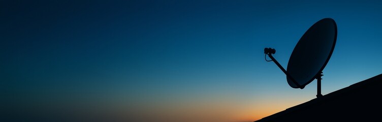 Wall Mural - satellite dish silhouette on rooftop against a gradient twilight sky with space for text or design o