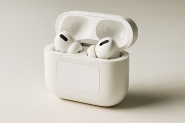 Wall Mural - white wireless earbuds in open charging case mockup on clean light background with blank label area 