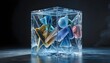 © Samar - Formes abstraites colorées suspendues dans un cube de glace transparent, avec des textures dynamiques d'eau sur fond sombre