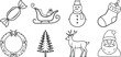 © PRODIP - Vector art of assortment of christmas symbols including a candy, sleigh, snowman, stocking, wreath, tree, reindeer, and santa claus