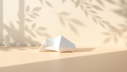 Minimalist geometric white object casting a shadow on a beige surface with leaf shadows