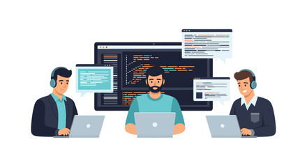 Three focused software developers are diligently collaborating on their laptops, surrounded by complex code and data visualizations, embodying modern tech teamwork.