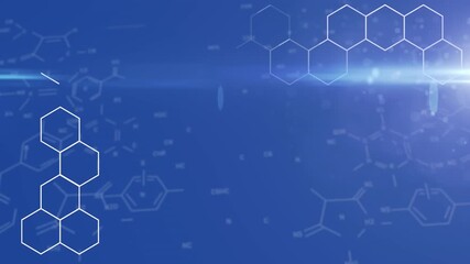 Wall Mural - Animation of light spot over chemical structures and hexagonal shapes against blue background