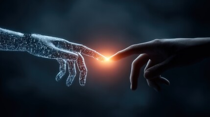 Wall Mural - robotic hands exchanging energy in a digital world with glowing light connection
