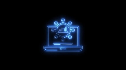 Wall Mural - Glowing Neon Laptop Icon With Data Analysis Chart And Network Connections Isolated On Black