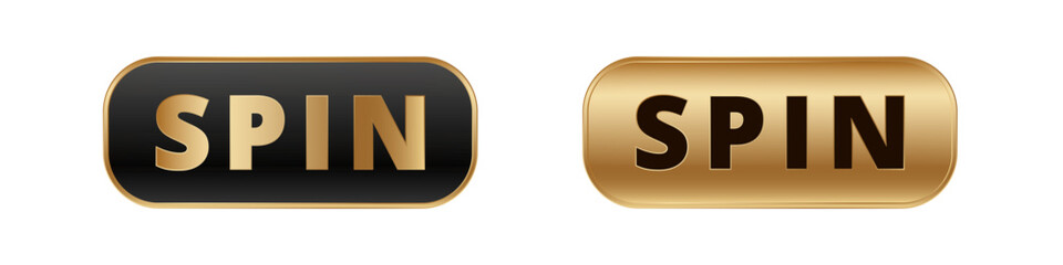 Black and gold spin buttons with bold lettering. rectangular shapes in contrasting color styles.