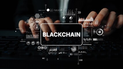 Wall Mural - modern digital technology concept with focus on blockchain data visualization and user interaction. 
