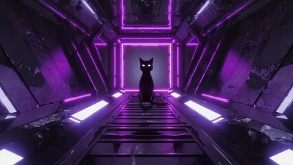 Wall Mural - futuristic sci-fi metallic corridor glowing in vibrant purple and white neon light, featuring a myst