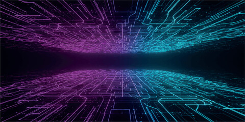 Abstract digital network of glowing lines in purple and cyan, representing data flow and technology in a futuristic cyberspace