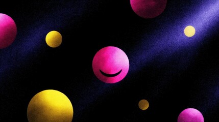 Wall Mural - Colorful abstract design featuring various spheres. The playful smiley face adds a fun touch. This modern art piece is ideal for digital backgrounds or cheerful decor. AI