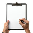 © Vector Boss - Person s hands writing on a blank clipboard with a pen isolated on transparent background