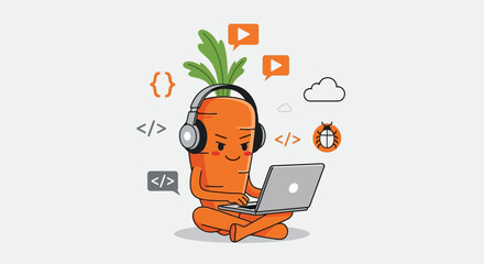 Wall Mural - Animated Carrot Developer Coding with Laptop and Headphones on Clean White Background