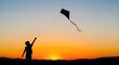 © MstAfroza - Joyful silhouette of child flying kite during golden hour sunset sky outdoors adventure