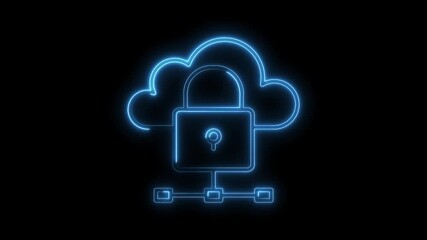 Wall Mural - Glowing Blue Neon Cloud Lock Icon Connected Network Security Abstract Digital Technology Concept