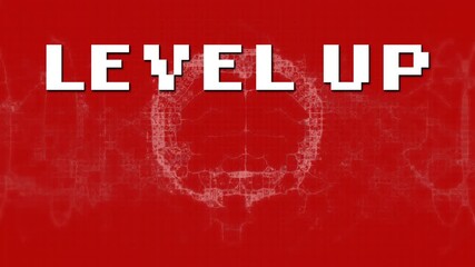 Wall Mural - animation of level up over digital human brain and dna helix against red background