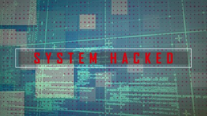 Wall Mural - animation of system hacked text banner and data processing against sqaure shapes on blue background