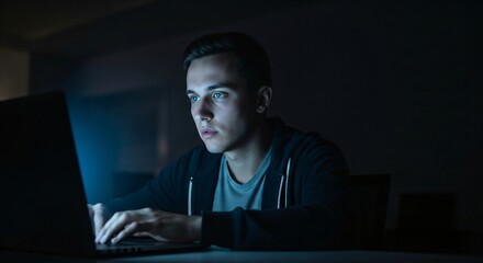 Focused young man intensely working on laptop computer late at night with blue screen light illuminating his face copy space