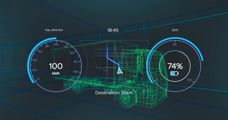 Wall Mural - animation of electric car icons and data processing over 3d car drawing