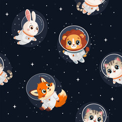 Wall Mural - Seamless vector pattern on a dark background. Cute animal astronauts fly in space with stars, a lion, a kitten, a bunny, and a fox. . Vector illustration