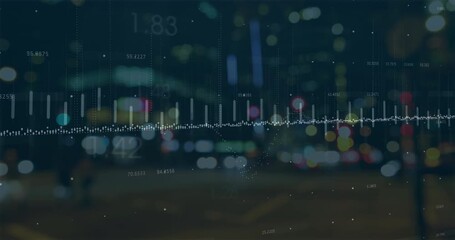 Wall Mural - animation of data processing against blurred view of night city traffic