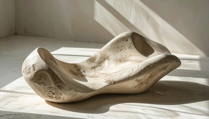 Abstract Beige Plaster Sculpture with Complex Texture Under Window Lighting