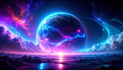 Wall Mural - Bright Digital Starry Galaxy with Distant Mountain Range and Cosmic Horizon