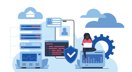 Cloud database technology with secure data storage, user authentication, analytics, and coding for business, IT, and web development solutions vector illustration