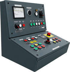 Industrial control panel with various buttons and controls