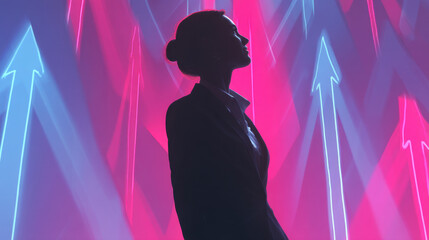 Wall Mural - professional woman stands in silhouette against vibrant backdrop of neon arrows, symbolizing growth 