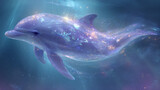 Celestial dolphin swimming through cosmic magic effects