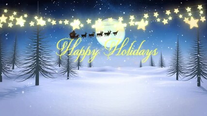 Wall Mural - animation of lights, snowfall, happy holiday text, trees on land against moon, santa riding sleigh