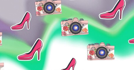 Wall Mural - animation of pink shoes and cameras on colourful background