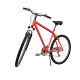 Red bicycle standing while leaning on kickstand, side front view. Bike resting on kick stand. Png clipart isolated on transparent background