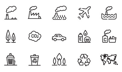 Naklejka na meble Line art icons depicting environmental pollution, recycling, CO2 emissions, and climate change, perfect for sustainability themes.